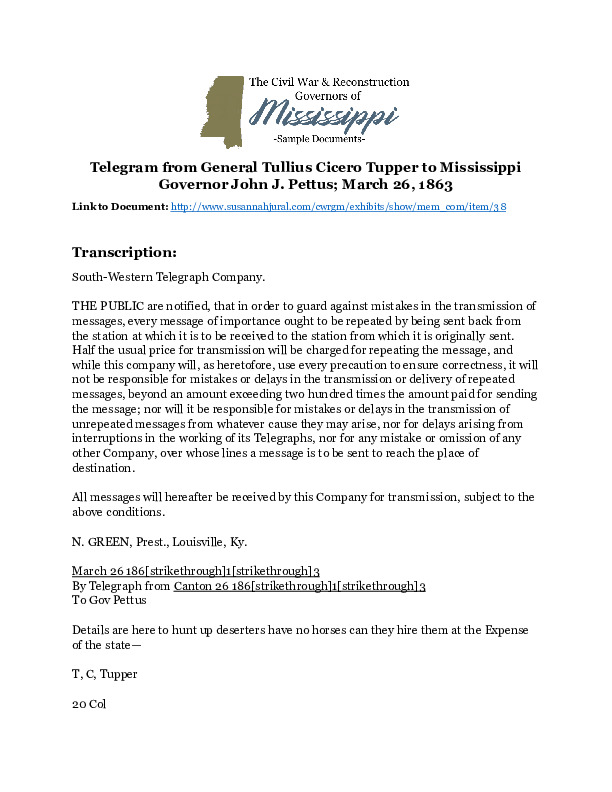 Telegram from General Tullius Cicero Tupper to Mississippi Governor John J.pdf