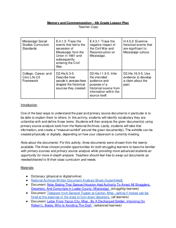 Memory and Commemoration - 4th Grade Lesson Plan - Teacher Copy.pdf