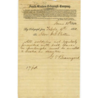 Telegram from General Gustave Toutant Beauregard to Mississippi Governor John J. Pettus; June 10, 1862